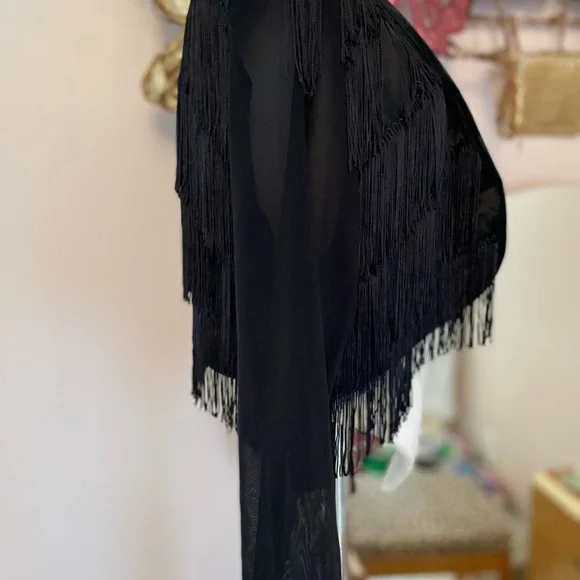 SAM Vintage Black Jacket with Fringe Sheer Sleeves Size L - Picture 5 of 6